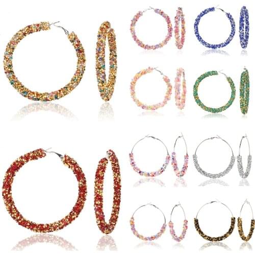1 Pair New Womens Rhinestone Crystal Earring Big Circle Hoop Earrings Shiny Round Ear Glitter Geometric Jewelry