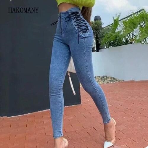 2020 Vintage Skinny Zipper High Waist Cross Lacing up Jeans Women Slim Fit Stretch Denim Pants Full Length Denim Tight Trousers