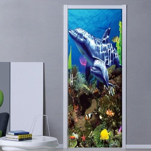 3D PVC Waterproof Wall Painting Living Room Bedroom Door Sticker Decal Home Decoration Underwater Shark Coral Mural Wallpaper