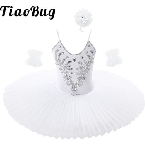Children Flower Girls Dress Rhinestone Sequins Beads Ballet Leotard Tutu Dress Swan Dance Costume with Arm Sleeves Hair Clip