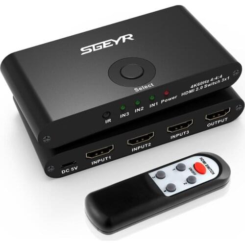 SGEYR HDMI 2.0 Switch 3 Port Aluminum HDMI Switch 3 in 1 Out Black HDMI Switches Selector Box 4K with IR Remote Control Support