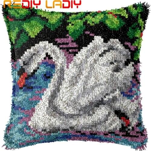 Latch Hook Cushion White Swan Lake Pillow Case Acrylic Yarn Pillow Pre-Printed Color Canvas Crochet Cushion Cover Hobby & Crafts