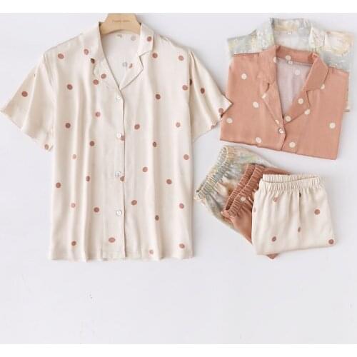 Hanxiuju Summer Fashion Pajama Sets For Lady Soft Viscose Casual Cardigan V-Neck Shorts Sleepwear Loose Nightwear