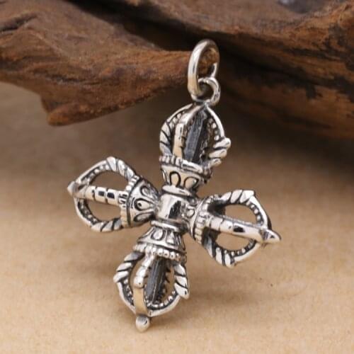 Small Size 925 Silver Tibetan Double Dorje Pendant vintage sterling Hinduism Vajra Amulet Pendant Buddhist Vajra Amulet