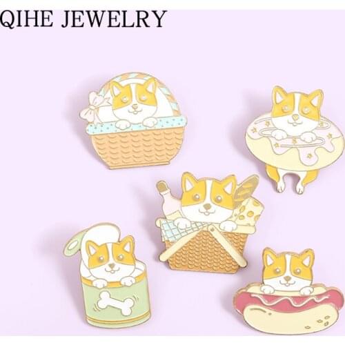 Cute Puppy Enamel Pins Custom Basket Hot Dog Donuts Animal Brooches Bag Lapel Pin Badge Jewelry Gift for Kids Friends Wholesale