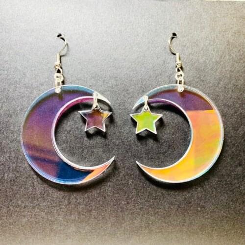 Fashion Iridescent Acrylic Crescent Moon Earrings, Laser Cut Acrylic Earrings, Rainbow Statement Earrings, Chic Boho Earrings