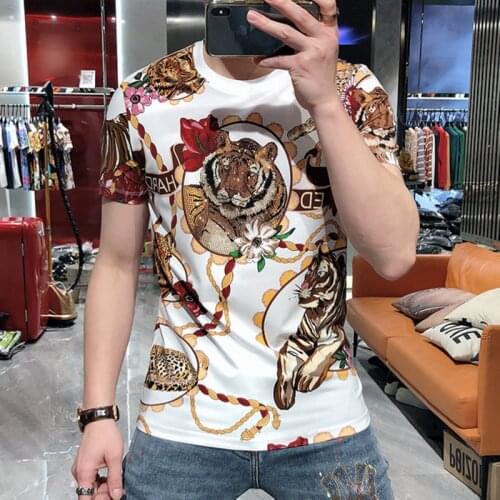 Mens 2021 Summer Slim Short Sleeve Fashion Personality Heavy Industry Flower Tiger Head Print Rhinestones Casual Tshirt For Men
