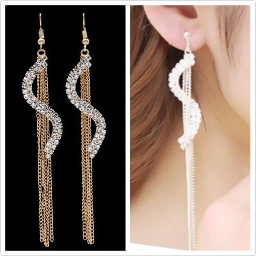News Luxurious Chain Tassel Crystal S Shape Drop Earrings For Women Long Ear Line Elegant Wedding Jewelry Girl Orecchini