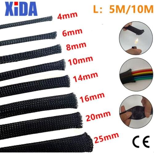 5/10M Black Insulated Braid Sleeving 2/4/6/8/10/12/15/20/25mm Tight PET Wire Cable Protection Expandable Cable Sleeve Wire Gland