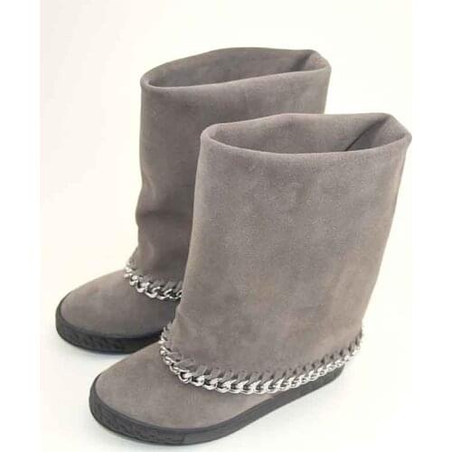 Boots Female Women Shoes Mid Calf Genuine Cow Leather Platform Cowboy Boots Hidden 8CM Height Increasing Chains Snow Botte