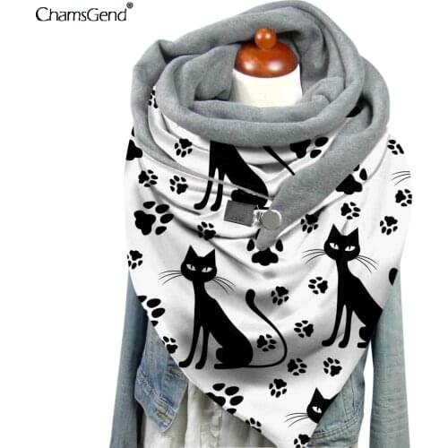 Cat Butterfly Printed Buckle Scarf for Women Ladies Winter Warm Cashmere Scarves Pashmina Shawl Wraps Face Cover Neckerchief