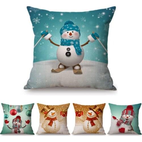 Lovely Cartoon Snowman Winter Christmas Decoration Sofa Cushion Cover Cotton Linen Xmas Santa Claus Reindeer Chair Pillow Case