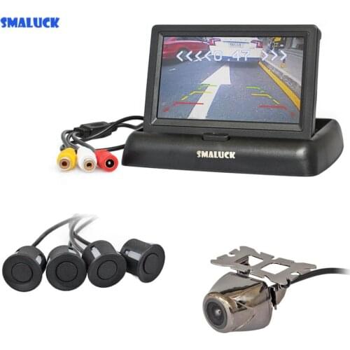 SMALUCK 4.3" Foldable Rear View Car Monitor + 4 Sensors Parking Radar + Rear View Backup Car Camera Video Parking Radar