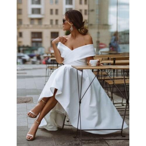 Short Wedding Dresses Simple Stain Off Shoulder Tea Length Bridal Gowns Elegant Lace Up Back Bride Dresses Robe De Marie