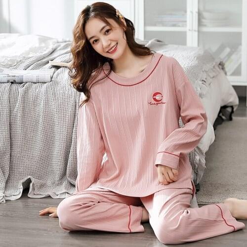 Spring Knitted Cotton Women Pajamas Long Sleeve Round Neck 2Pcs Set Womens Pyjamas Loose Plus Size 3XL Female Lounge Homewear