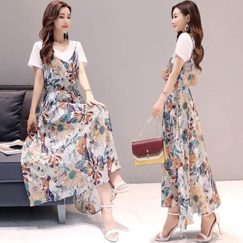 Vestidos Women Dress Two-piece Summer Chiffon Floral Print T Shirt Long Sukienki Ropa Mujer Robe Femme Vestido De Festa 9547