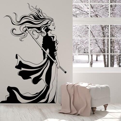 Vinyl Wall Decal Beautiful Samurai Girl Sword Woman Warrior Stickers Japan Kids Room Bedroom Cartoon Warrior Solider Home Decor