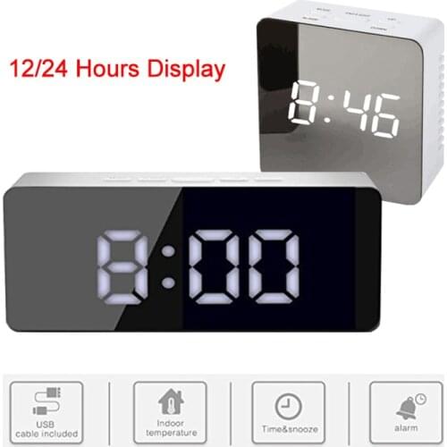 Mirror Digital LED Alarm Clock Snooze Time Night Light Thermometer Home Travel R