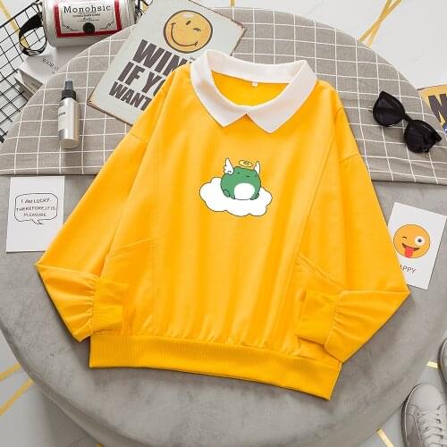 Cute Frog Hoodie Aesthetic Printed Pullover Sweatshirt Turn-down Collar Hoodies Graphic Cotton Sweatshirts Cartoon Harajuku Tops