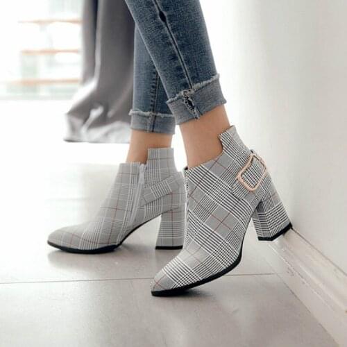 Large Size Women Boots Fashion Plaid Pointed Toe High Heels Womens Shoes Sexy Autumn Winter Ankle Boots Female