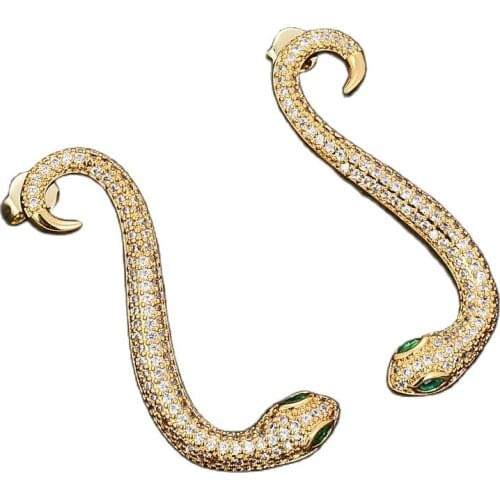 JK Yellow Gold plated Snake Rainbow Cubic Zirconia pave CZ Stud Earrings Women Jewelry