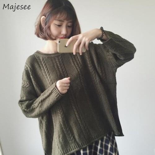 Women Pullovers Knitted Autumn Vintage O-neck Long Sleeve Side-slit Warm Simple Retro Loose Chic Korean Style Ulzzang Sweaters