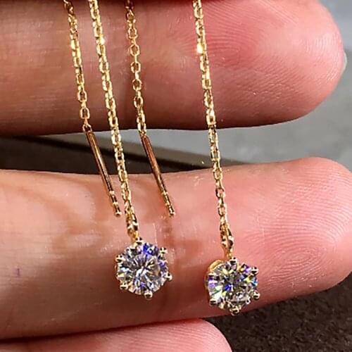 18K Yellow Gold 1 Carat Drop Earrings Line Women Wedding Anniversary Engagement Party 0.5ct Round Tassel Moissanite Diamond