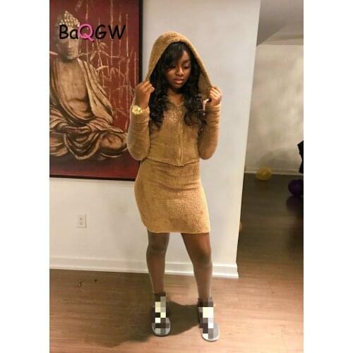 BaQGW Autumn Winter Warm Sweatshirt Long-sleeved Dress Woman Clothing Hooded Fluff Simple Casual Lady Dress Vesdies Sweatshirt