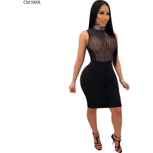 Women Spring Mini Dress Turtleneck Neck Hot Drill Mesh Perspective Casual Sexy Night Club Party Bandage Street Dresses GL8878