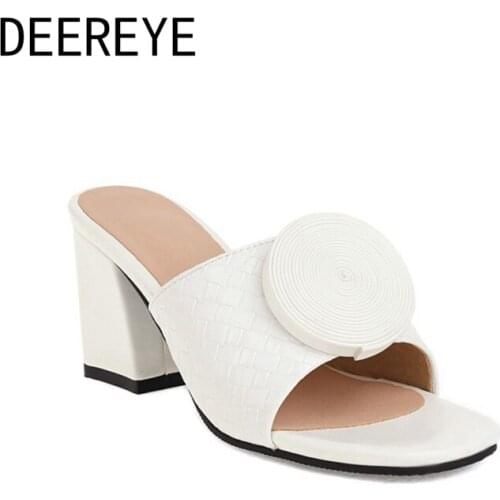 2021 Summer Straw PU Lattice Womens Mules Sliders Slipper Round Straps 7cm Thick Square Heel Party Shoes For Designer Sandals