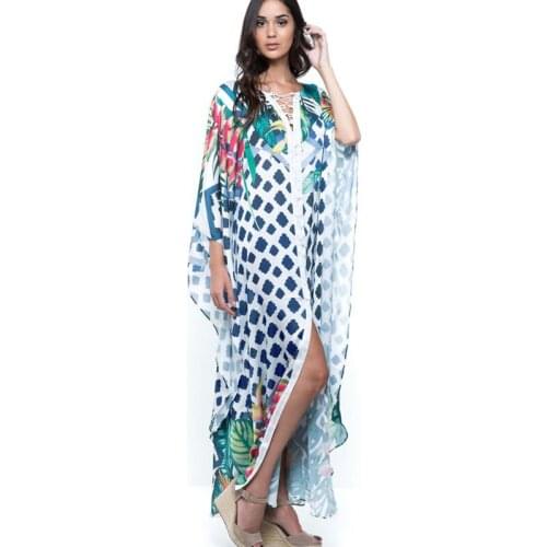 2021 Quick-drying Bikini Cover-ups Bohemian Geometric Printed Summer Beach Dress Green Cotton Tunic Women Swimwear Cover Up Q994