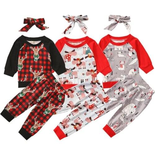Toddler Kid Girls 3Pcs Christmas Outfits Suits New Year Autumn Long Sleeve Cartoon Printed T Shirt Top + Long Pants + Headband