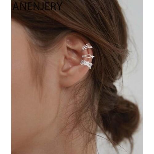 ANENJERY 925 Sterling Silver 1 pcs Charming Line Zircon Clip On Earrings Ear Cuff Without Piercing Earrings Jewelry S-E1300
