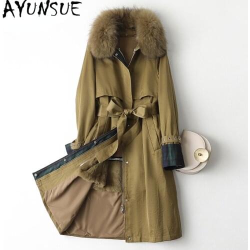 AYUNSUE Long 100% Real Rabbit Fur Parka Women Winter 2021 Hooded Raccoon Fur Collar Coat Female Warm Jacket Manteau Femme Gxy378