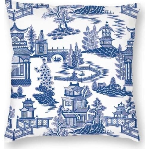 Blue Willow Ancient Ming Porcelain Cushion Cover Print Chinoiserie Pattern Floor Pillow Case for Sofa Cool Pillowcase Home Decor