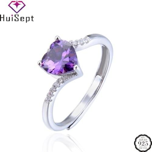 HuiSept Rings 925 Sterling Silver Jewelry Heart Shaped Amethyst Zircon Gemstones Open Finger Ring Accessories for Women Wedding