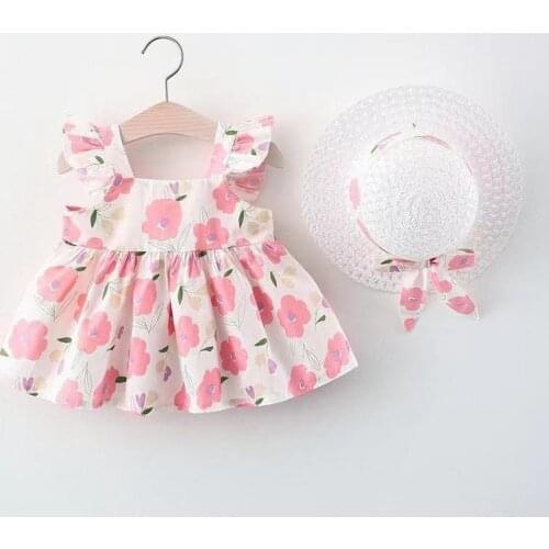 Toddler Kids Girls Dress Bowknot Floral Print Dress Hat Set Baby Princess Party Dresses Baby Girl Clothes Vestidos