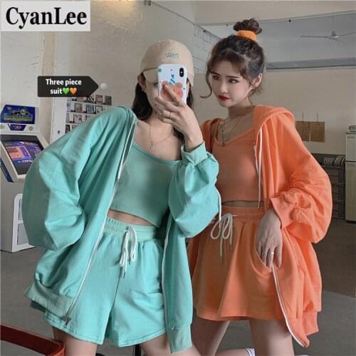 Cyanlee 3 Piece Set Women Solid Hooded-Collar Zipper Long Sleeve Top +Lace Up Slim Waist Wide Leg Shorts+Camis Fashion Suits