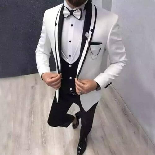 Costume Black Vest White Suits Wedding Evening Tuxedos Groom Wear Black Shawl Lapel Outfit Man Blazers Trajes De Hombre 3pcs