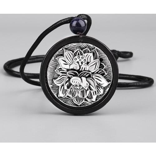 Meetvii Ethnic Sandalwood Pendant Necklaces Women Vintage Tibetan Silver Plate Lotus Long Necklace Natural Stone Yoga Jewelry
