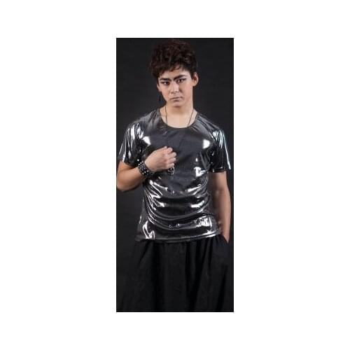 Nightclub trendy boy big round neck slim fit short-sleeved mens T-shirt costumes mens stage M singer Xia