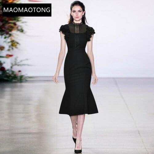Fashion Designer Summer Black Drees Womens Stand-up collar Butterfly Sleeve Hollow out Slim Mermaid Party Dress