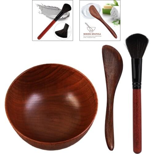 3Pcs DIY Wooden Beauty Facial Mask Mixing Bowl Kit with Brush Spatula (Brown Color) Mini Beauty Mask Brush Applicator Spoon