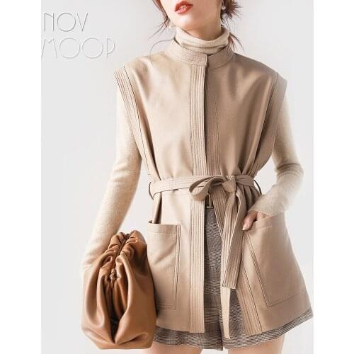 Novmoop top quality solid color sleeveless coat sheepskin genuine leather vest with long belt chaleco mujer chaleco mujer LT3041