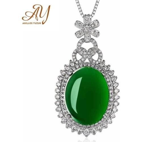 New Arrived 925 Silver Color Necklace Green Agate Pendant Chalcedony Pure Pendant Necklace Jewelry Emerald Gemstone Pendants