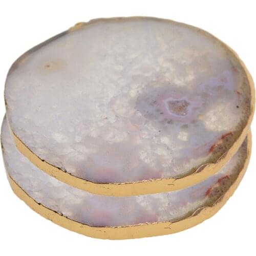 2 Pack Agate Slices Geode Stones Gold Edge, Coasters Cup Mat, 60 -80 mm, for Jewelry Making, Home Decoration, DIY Crafts