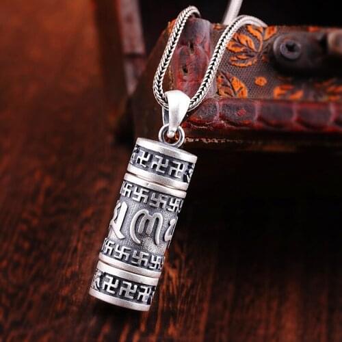 Real 990 Silver Sterling Necklace Tibetan Buddha Pendant Amulet Chinese Thai silver swastika mantra hollow out pendant Jewelry