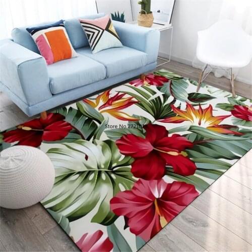 Tropical Plant Pattern Nordic Carpet Beside The Coffee Table Living Room Green Leaf Red Floral Carpet Bedroom Bedside Floor Mat