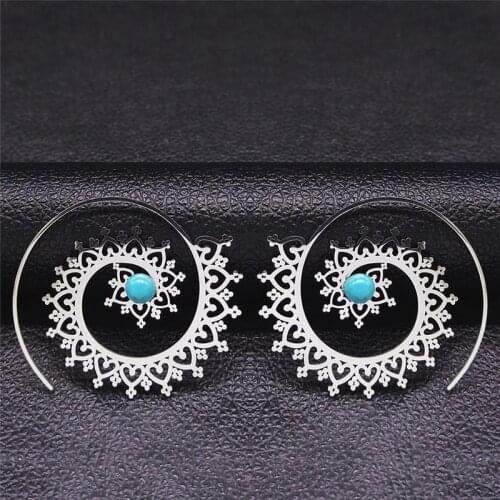 Big Bohemia Stainless Steel Stone Flower of Life Earing Women Silver Color Circle Earrings Jewelry pendientes acero E9204S04