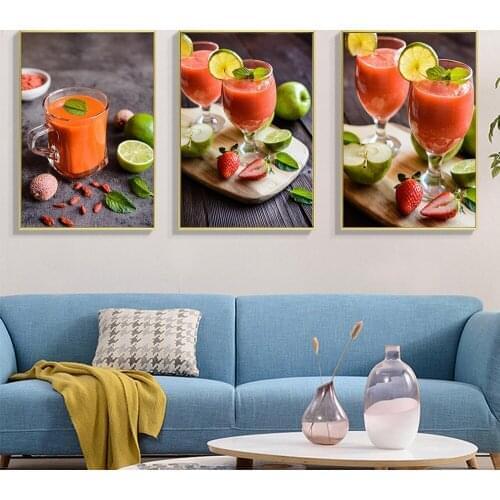 Nordic Fruit Wall Art Canvas Paintings Prints Apple Juice Cup Lemon Poster Kitchen Decor Fresh Food for Bedroom Home Decoration